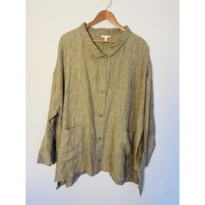 Eileen Fisher Button Down Brushed Green Organic Linen Lightweight Shirt. 2X.